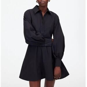 NWT Madewell Seamed Long-Sleeve Mini Shirtdress In Poplin Jet Black Size 6